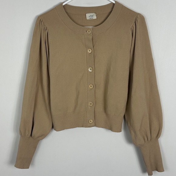 Aritzia Wilfred Alessia Puff Sleeve Cardigan Taupe Beige Sand Womens Size Large - Picture 9 of 16